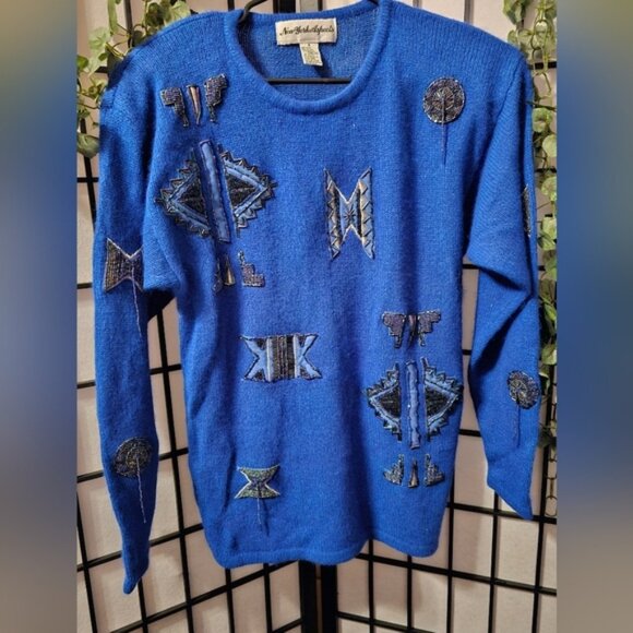 New York Aspects Blue Sweater with Geometric Patterns Size Small - Picture 1 of 4